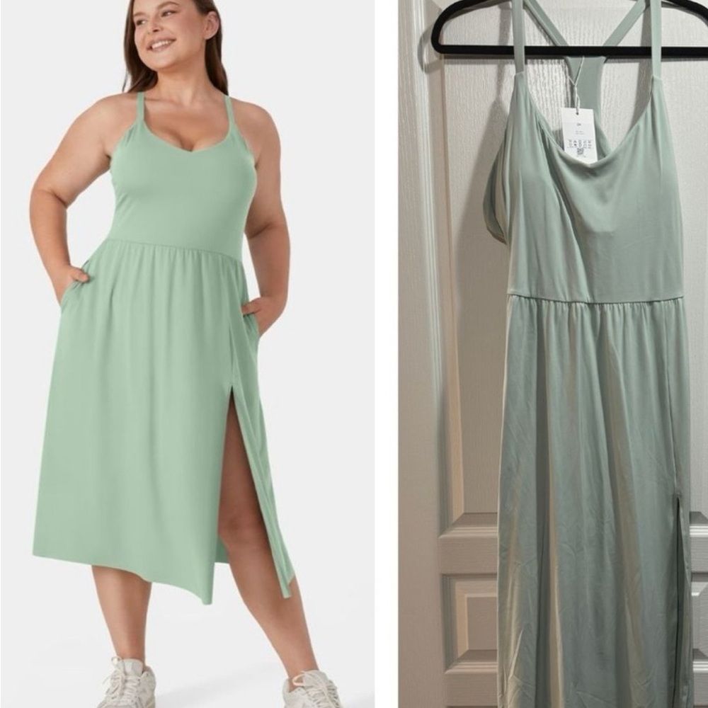 NWT Halara Cloudful Side Split Maxi Dress with Built-In Bra Sage Green Size M